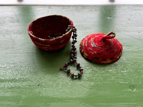 Recycled Saree Drawstring Basket with Lid (Red & Yellow)
