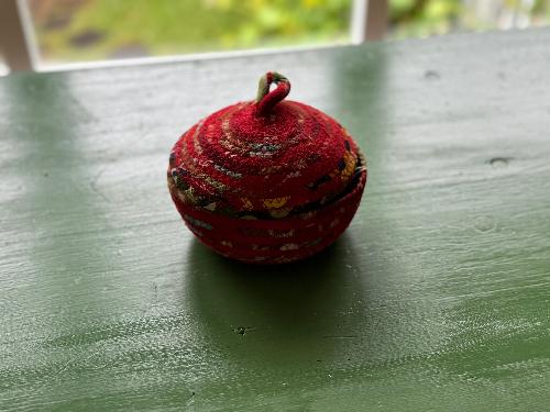 Recycled Saree Drawstring Basket with Lid (Red & Yellow)