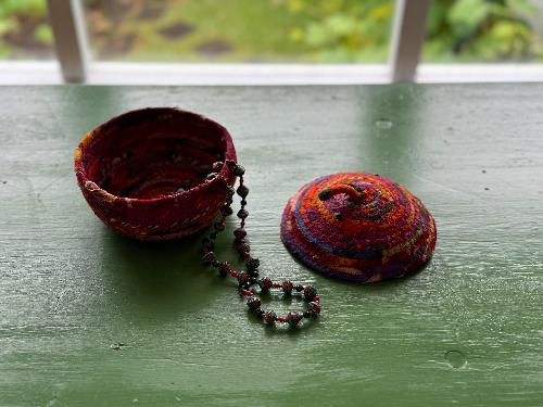 Recycled Saree Drawstring Basket with Lid (Red Multi)