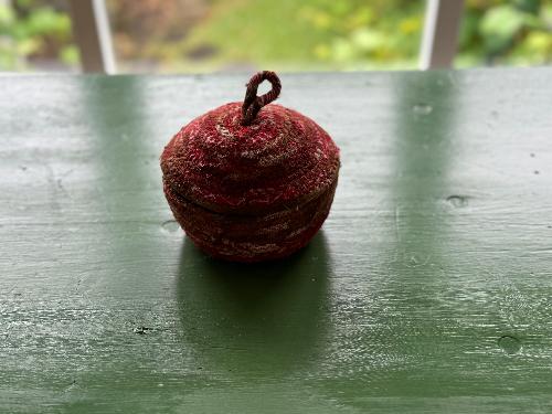 Recycled Saree Drawstring Basket with Lid (Red & Brown)