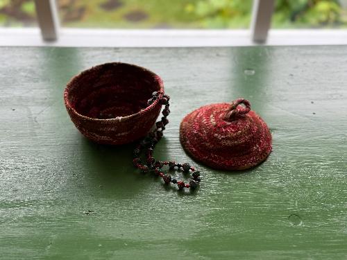 Recycled Saree Drawstring Basket with Lid (Red & Brown)