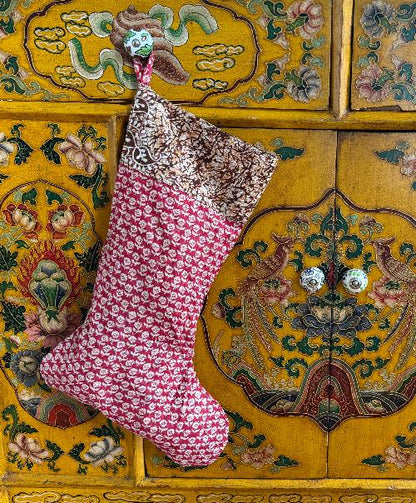 Recycled Saree Christmas Stocking (Red & Brown)