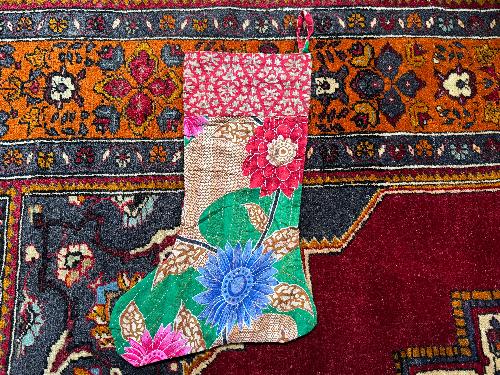 Recycled Saree Christmas Stocking (Green, Red & Blue)