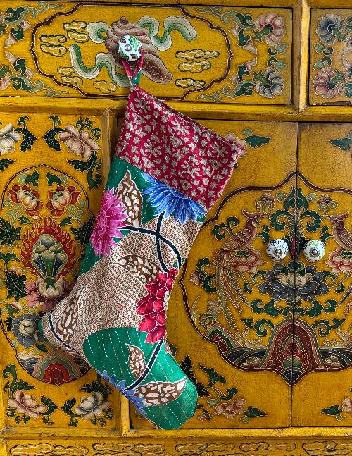 Recycled Saree Christmas Stocking (Green, Red & Blue)