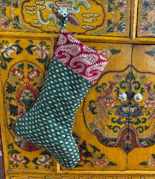 Recycled Saree Christmas Stocking (Green & Red)