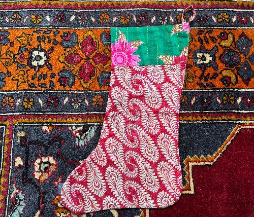 Recycled Saree Christmas Stocking (Red & Green)