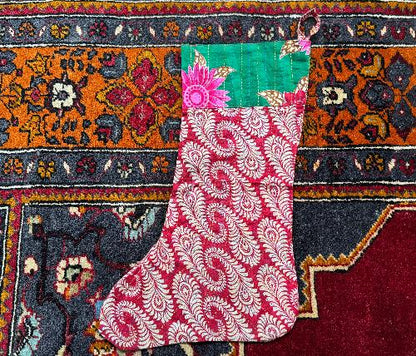 Recycled Saree Christmas Stocking (Red & Green)