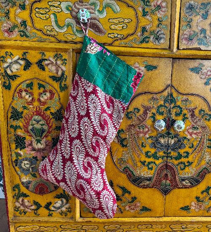 Recycled Saree Christmas Stocking (Red & Green)