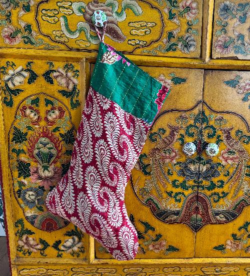 Recycled Saree Christmas Stocking (Red & Green)