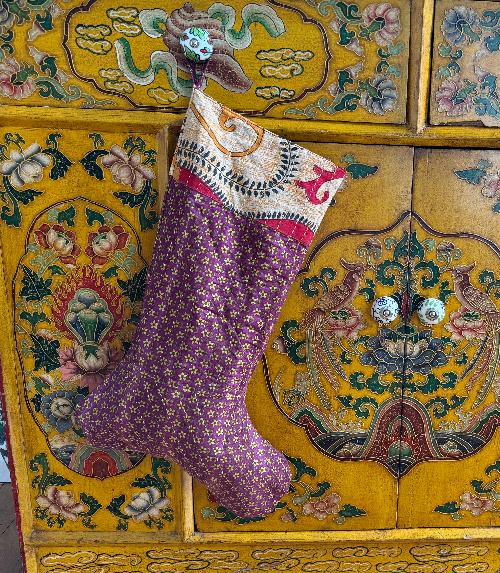 Recycled Saree Christmas Stocking (Purple & Yellow)