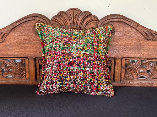 Recycled Saree Cushion (Red/Green)