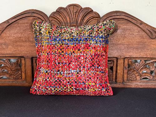 Recycled Saree Cushion (Red/Green)