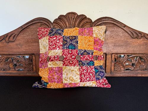 Recycled Saree Patchwork Cushion (Red Multi)